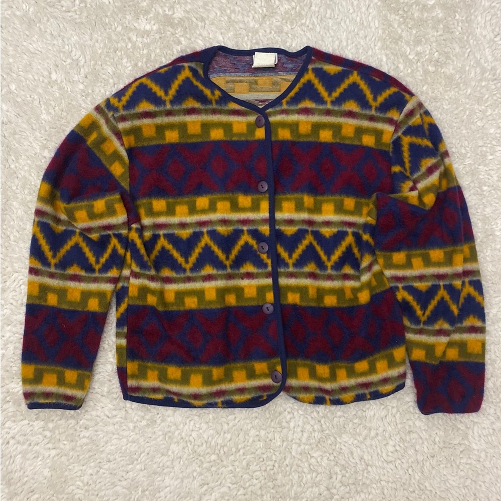 Red and Yellow Cardigan with Geometric Patterns